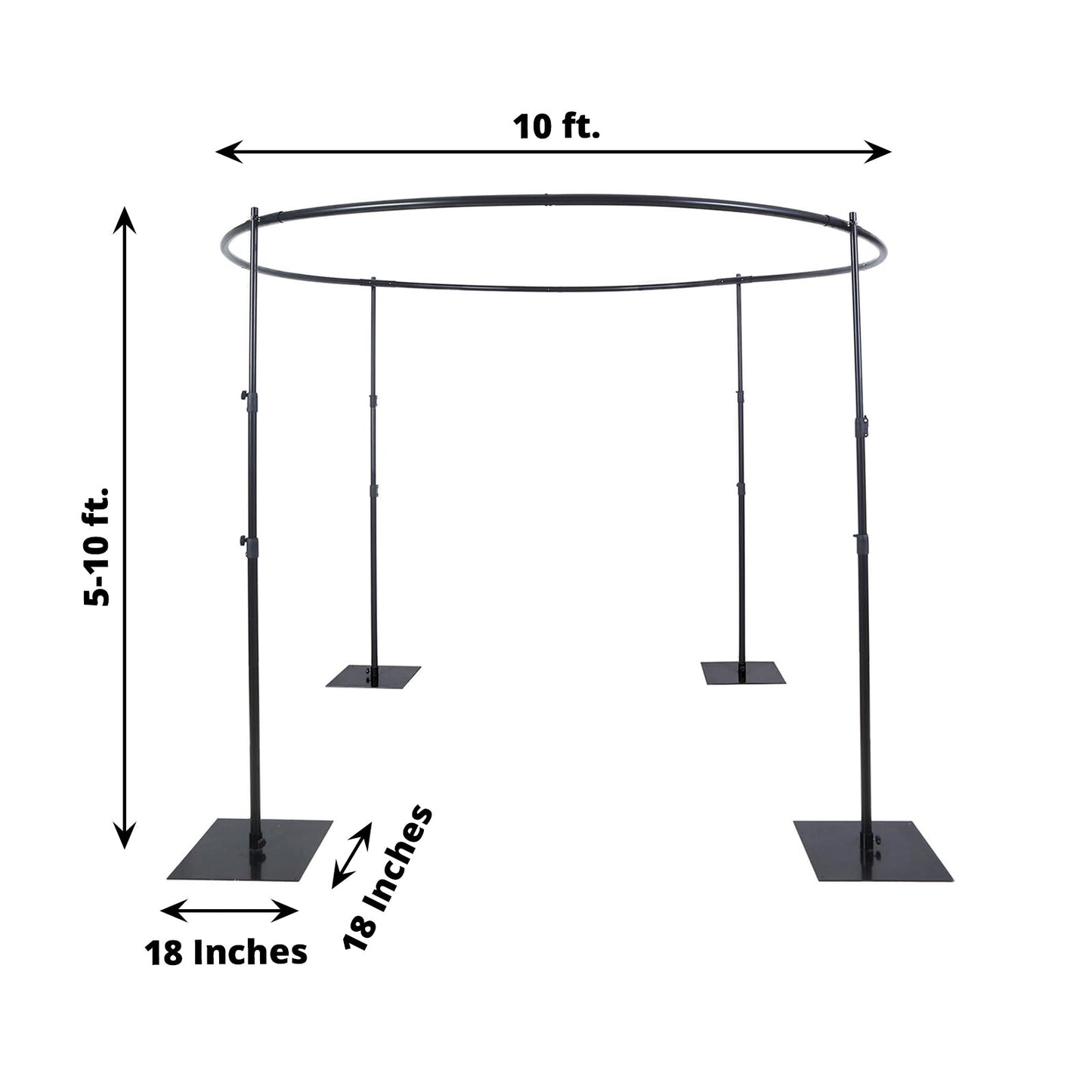 Black metal wedding event arch stand, adjustable and circular, 10ft height.
