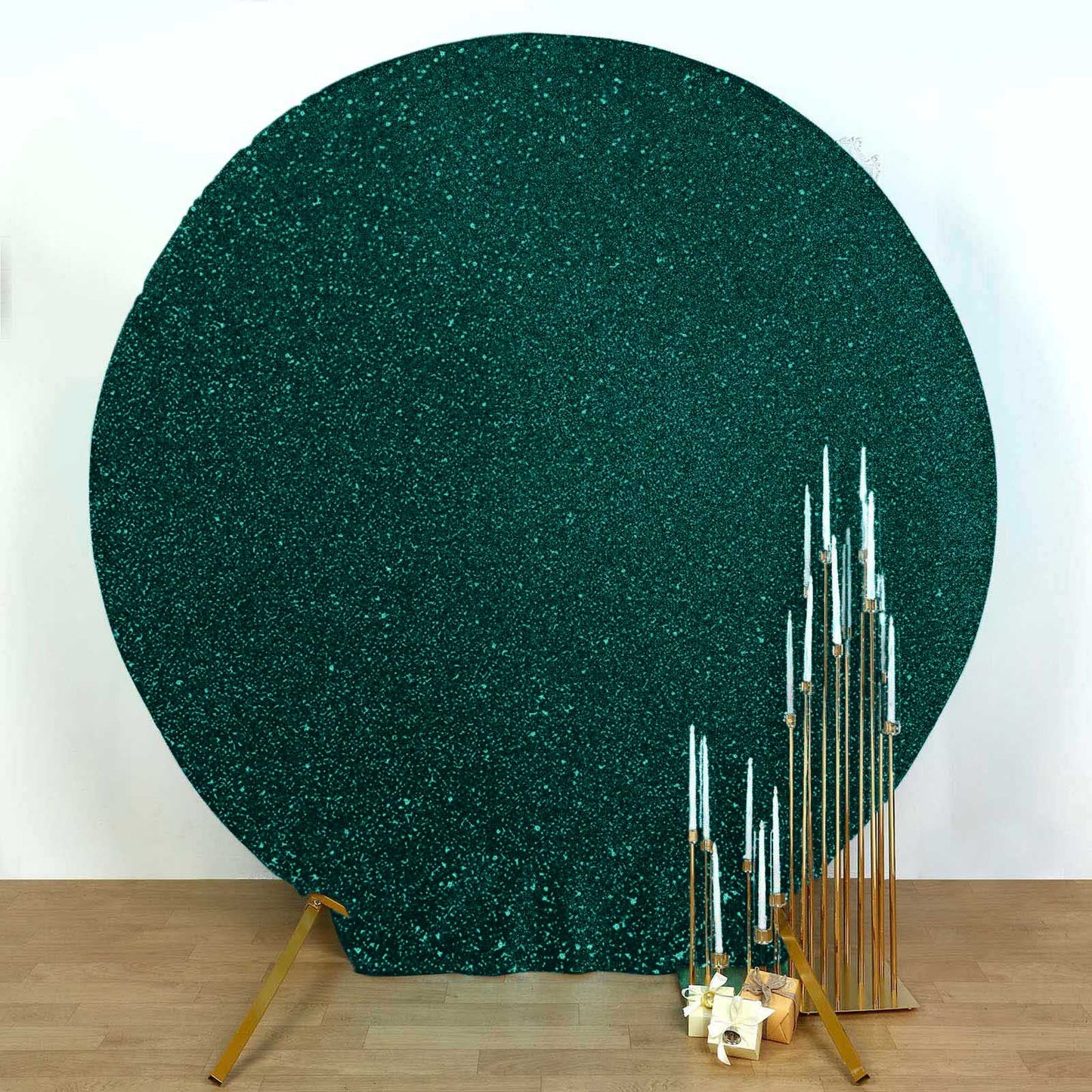 7.5ft Hunter Emerald Green Metallic Shimmer Tinsel Spandex Round Backdrop, 2-Sided Wedding Arch Cover