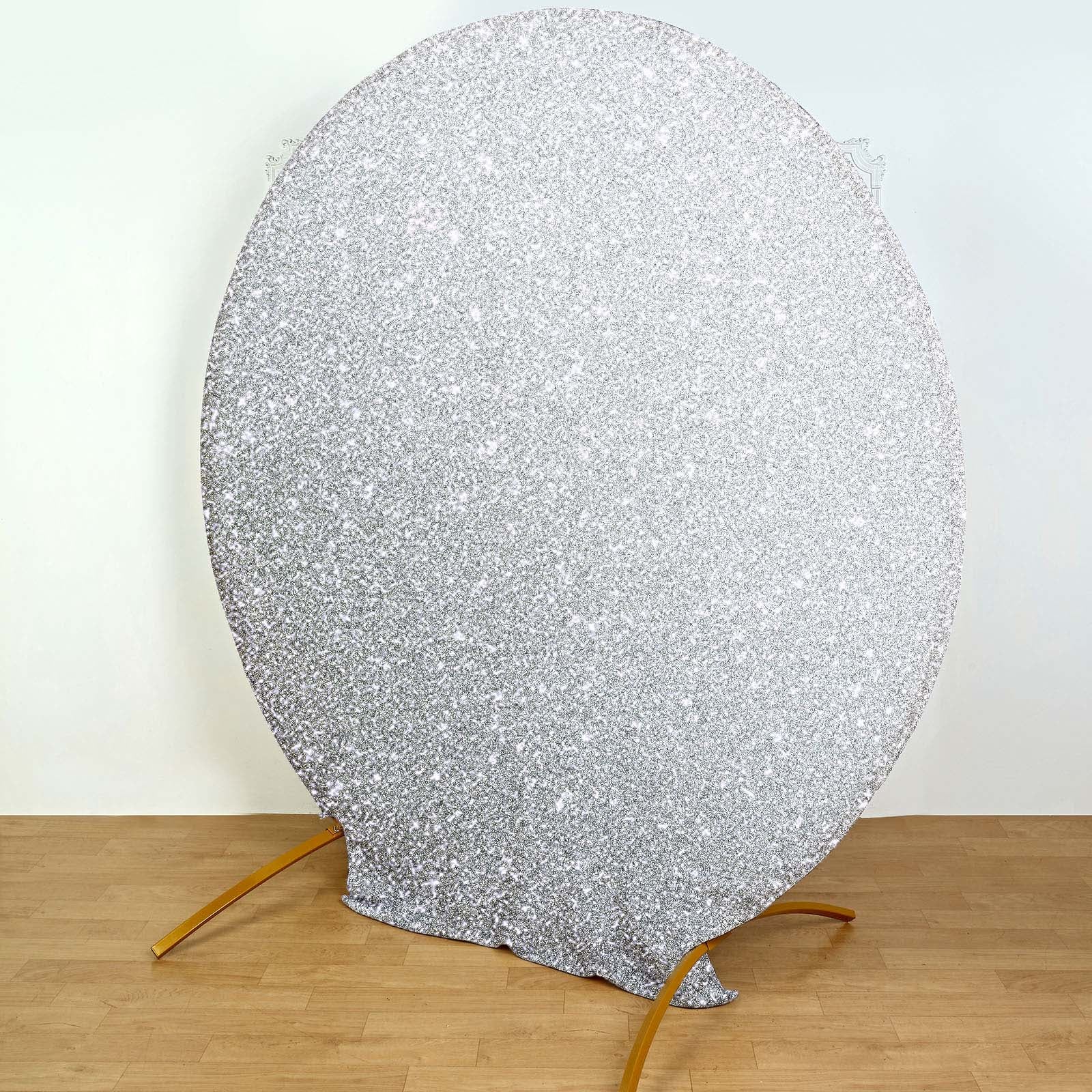 7.5ft Silver Metallic Shimmer Tinsel Spandex Round Backdrop, 2-Sided Wedding Arch Cover
