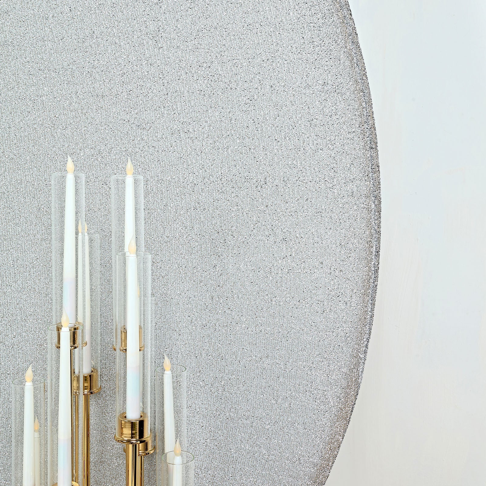 7.5ft Silver Metallic Shimmer Tinsel Spandex Round Backdrop, 2-Sided Wedding Arch Cover
