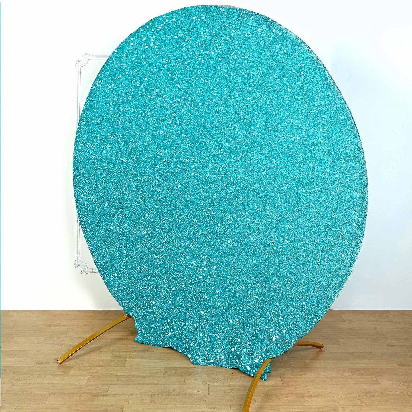 7.5ft Turquoise Metallic Shimmer Tinsel Spandex Round Backdrop, 2-Sided Wedding Arch Cover