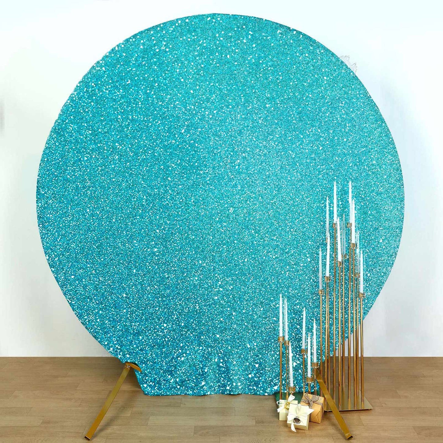 7.5ft Turquoise Metallic Shimmer Tinsel Spandex Round Backdrop, 2-Sided Wedding Arch Cover
