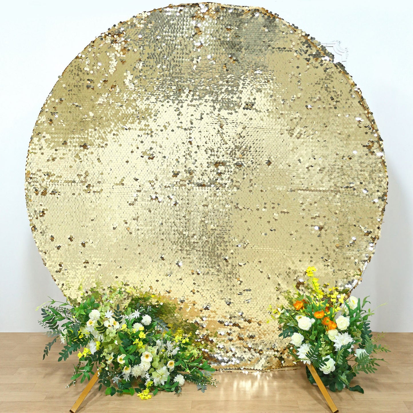 Sparkly champagne double-sided sequin round wedding arch cover.