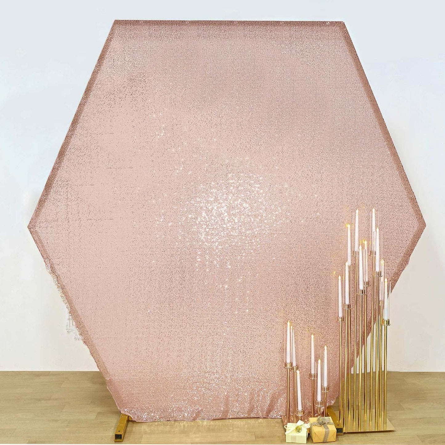 8ftx7ft Rose Gold Sparkle Sequin Hexagon Wedding Arch Cover, Shiny Shimmer Backdrop Stand Cover - 2-Sided Custom Fit