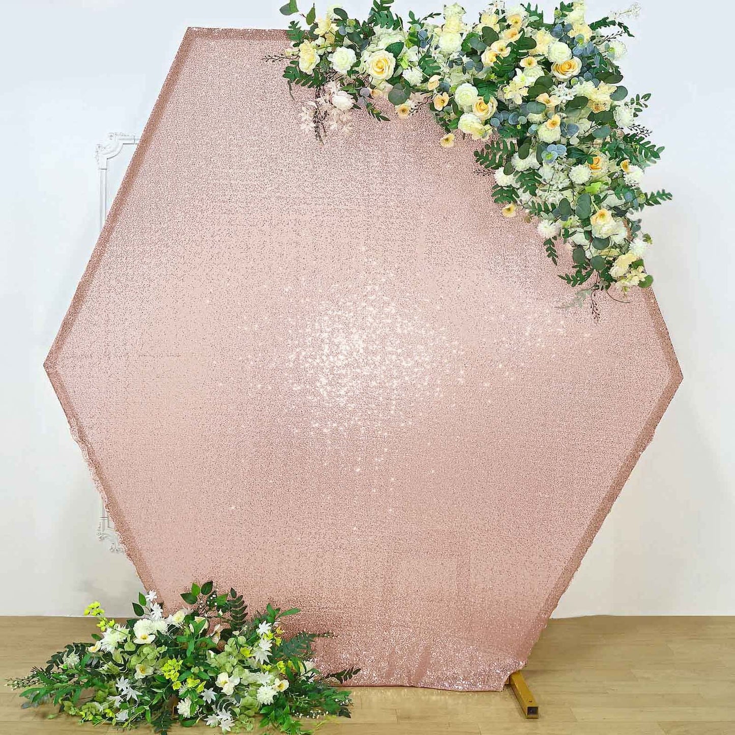 8ftx7ft Blush/Rose Gold Sparkle Sequin Hexagon Wedding Arch Cover, Shiny Backdrop Stand Cover