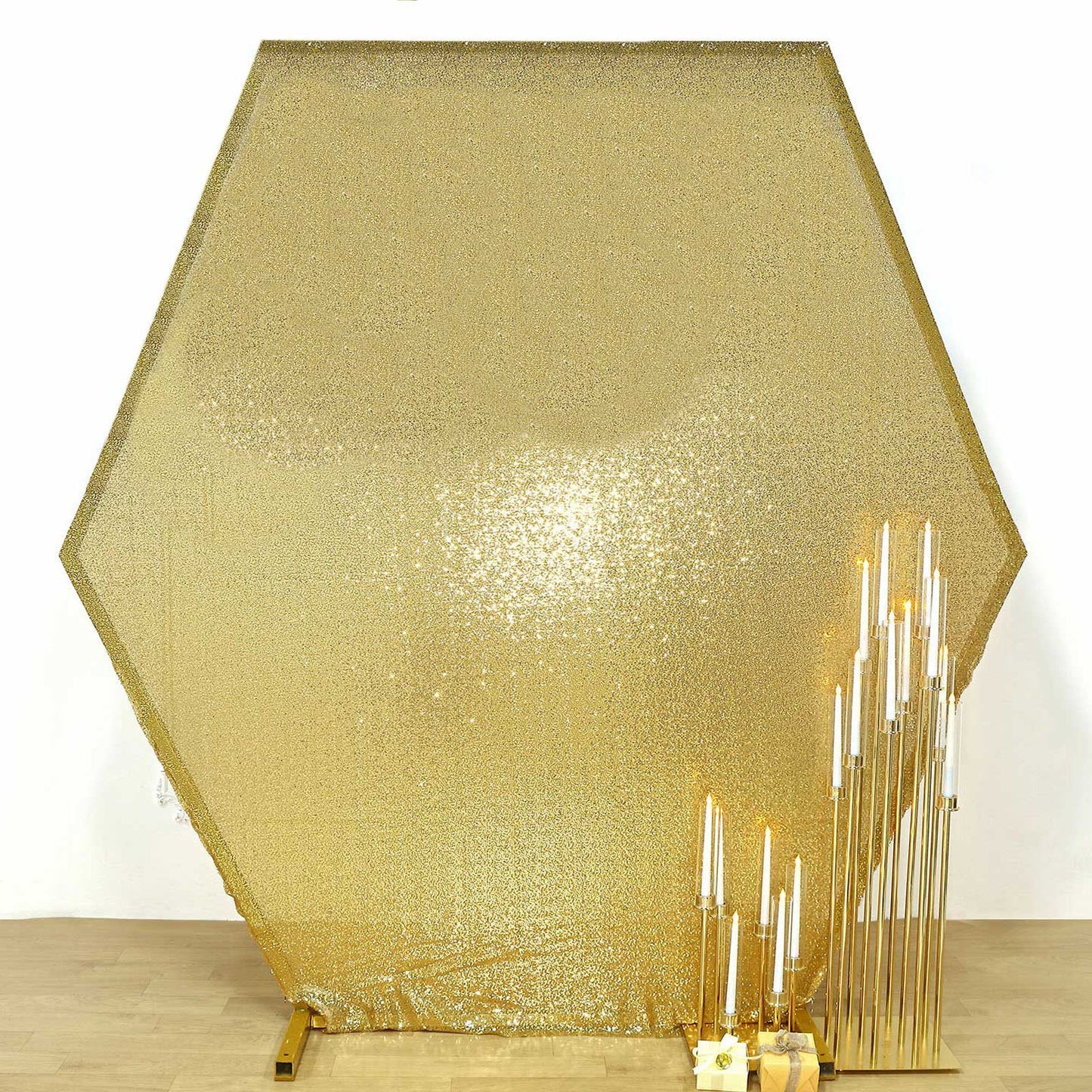 8ftx7ft Metallic Gold Sparkle Sequin Hexagon Wedding Arch Cover, Shiny Shimmer Backdrop Stand Cover - 2-Sided Custom Fit