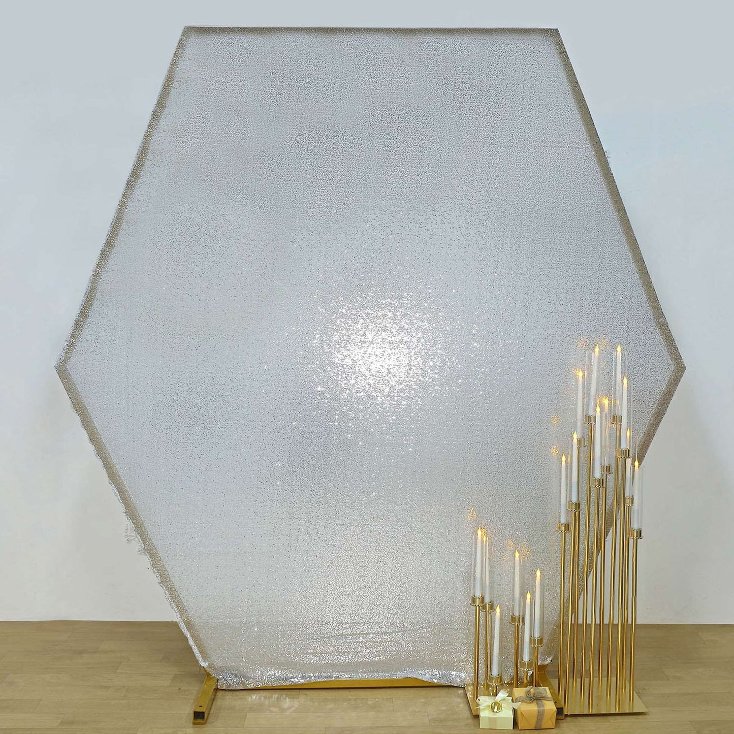 8ftx7ft Metallic Silver Sparkle Sequin Hexagon Wedding Arch Cover, Shiny Shimmer Backdrop Stand Cover - 2-Sided Custom Fit