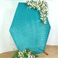 Turquoise metallic shimmer hexagon backdrop with floral accents.