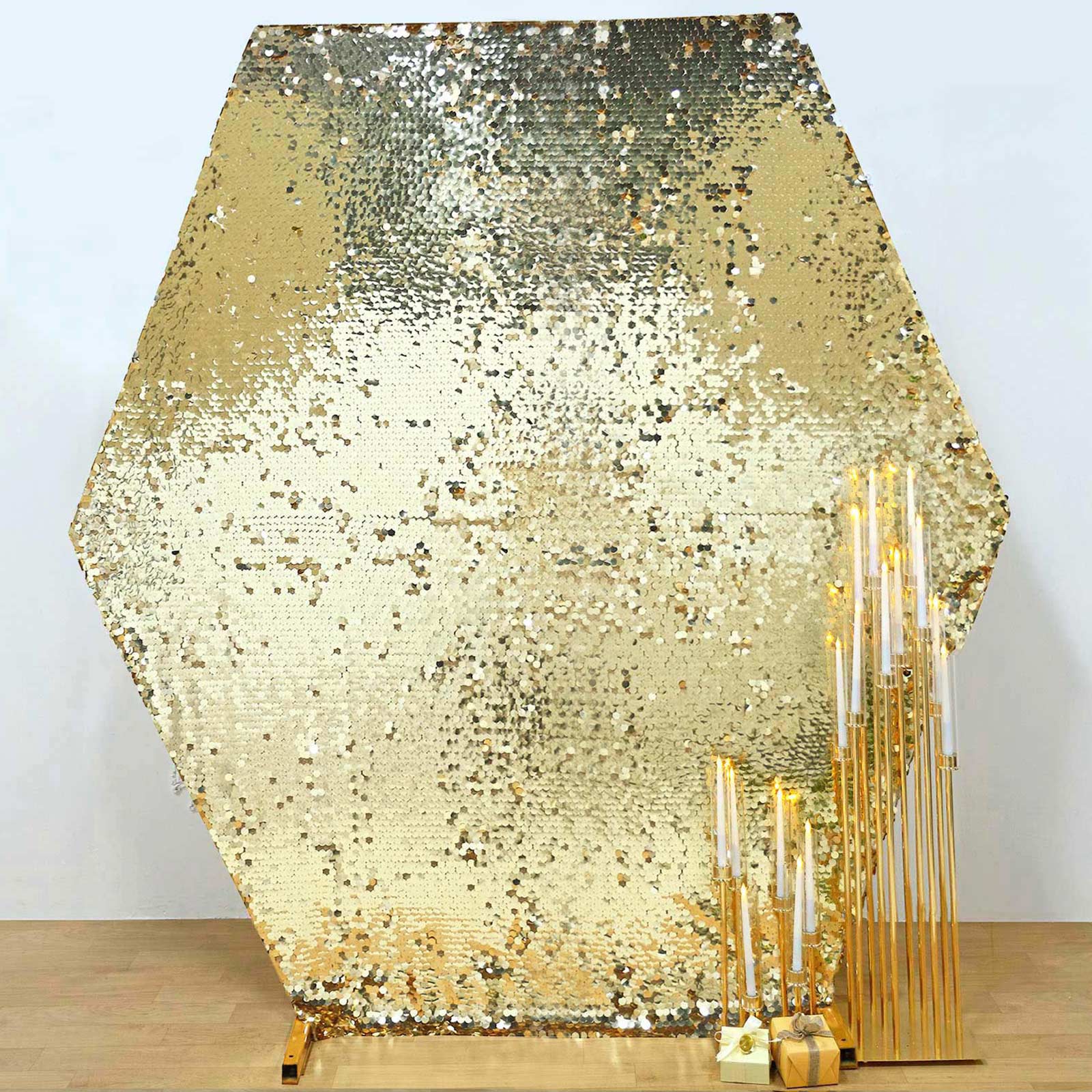 Champagne sequin hexagon wedding arch cover, 8ftx7ft, sparkly decor.