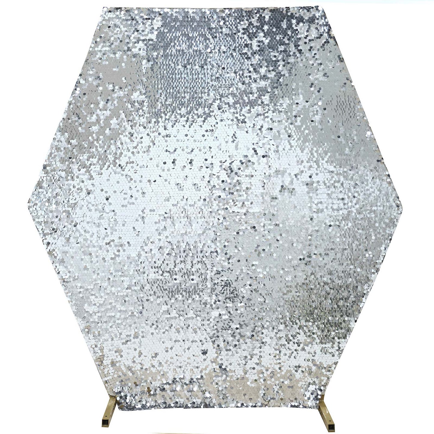 Silver hexagon wedding arch cover with sparkly sequins.