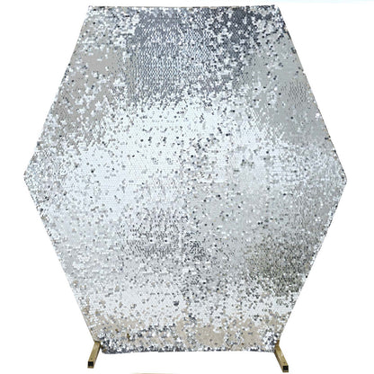Silver hexagon wedding arch cover with sparkly sequins.