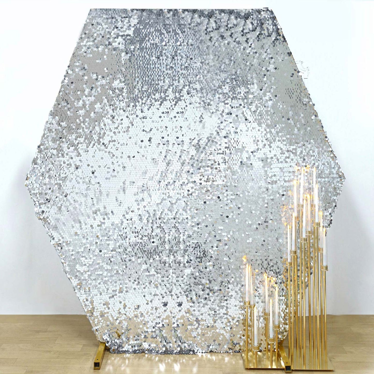 Silver sequin hexagon wedding arch cover for elegant events.