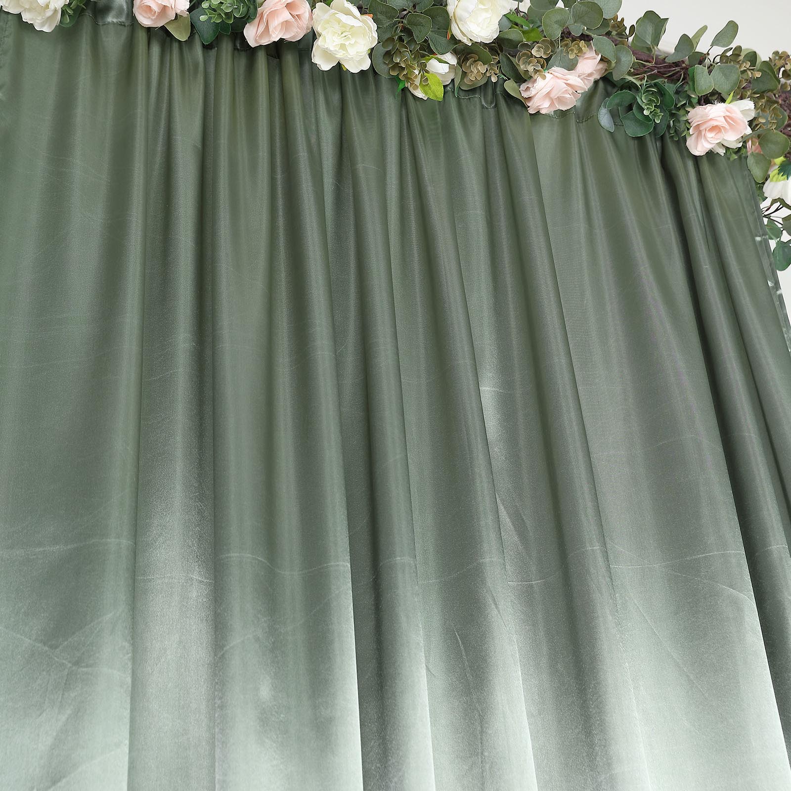 Dusty sage green satin event curtain drapes, backdrop panel.