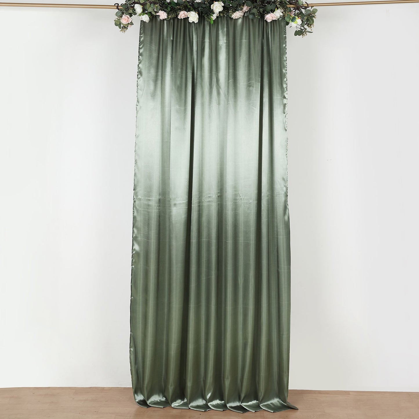 Dusty sage green satin event curtain drapes backdrop panel.