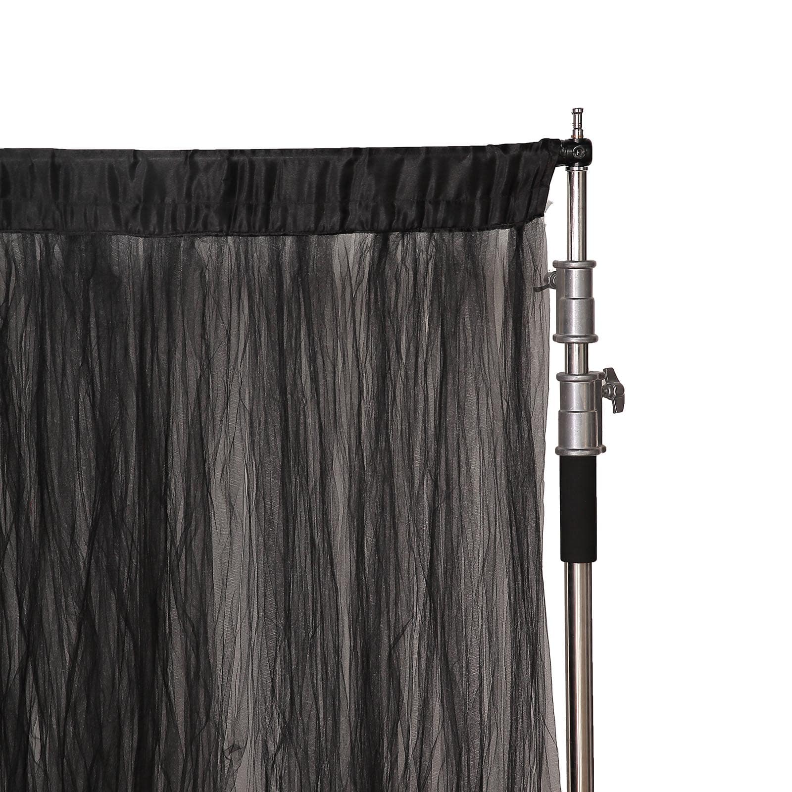 Black sheer tulle event curtain drape with satin header and rod pocket.