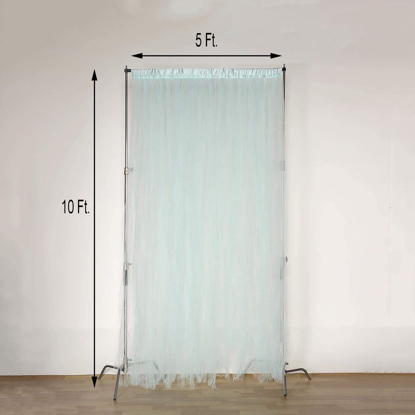 Light blue sheer tulle event curtain drapes with satin header, 5ft x 10ft.
