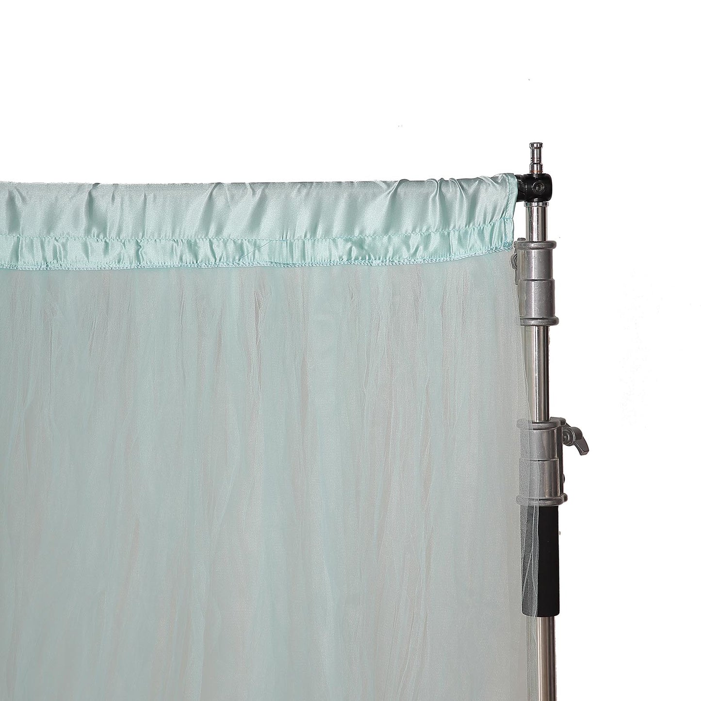 Light blue sheer tulle event curtain drapes with satin header.