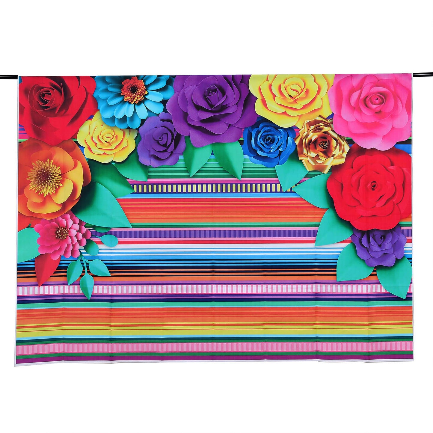 Colorful Cinco De Mayo fiesta backdrop with multi-color stripes and paper flowers.