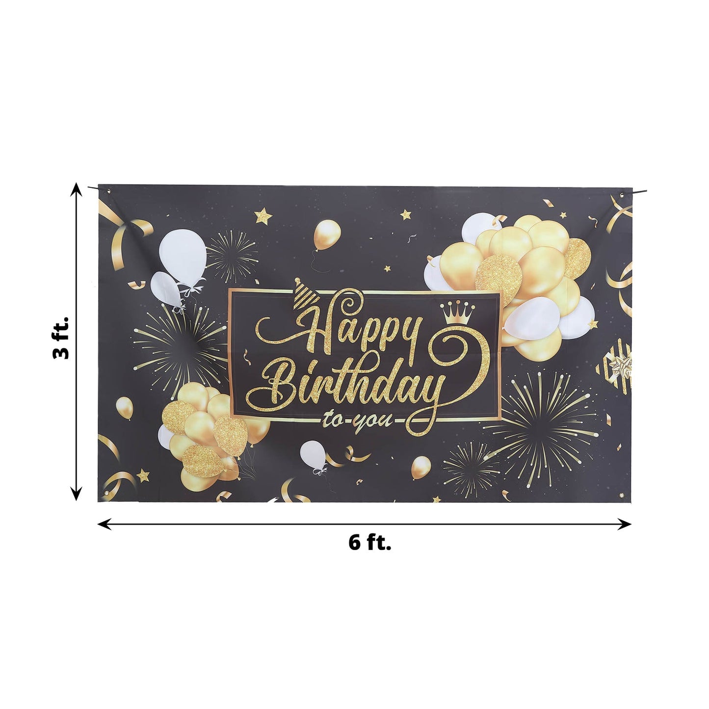 Black and gold Happy Birthday banner backdrop for photo booths.