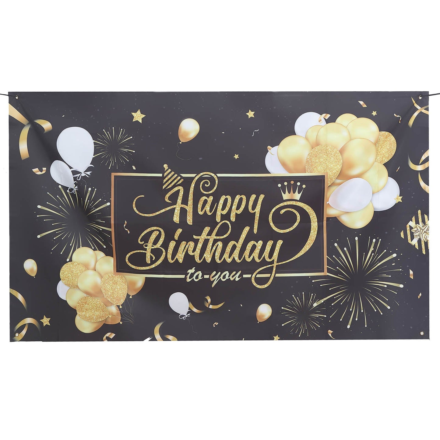 6ftx3ft black and gold Happy Birthday banner for photo booth decoration.