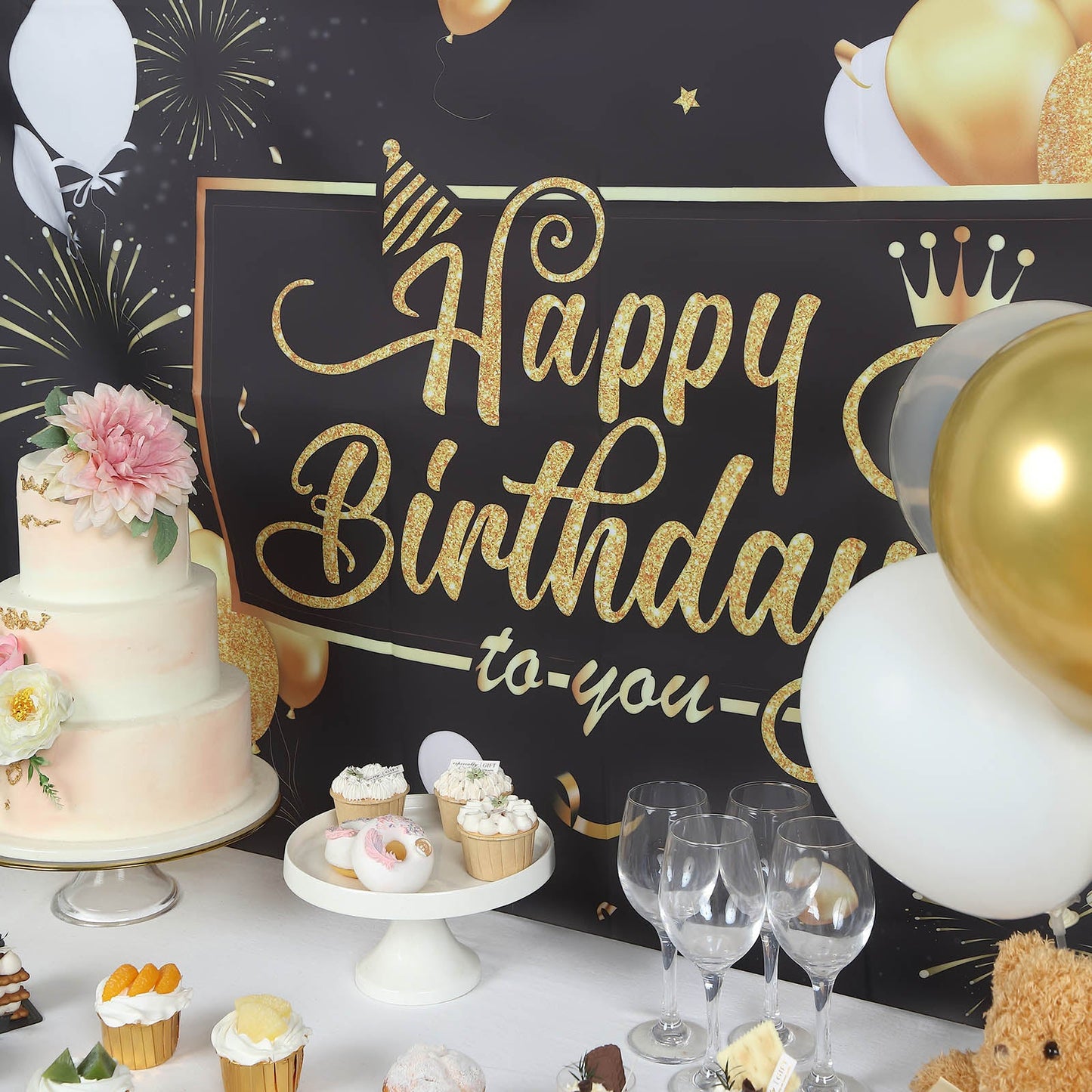 6ftx3ft black and gold happy birthday banner backdrop for celebrations.