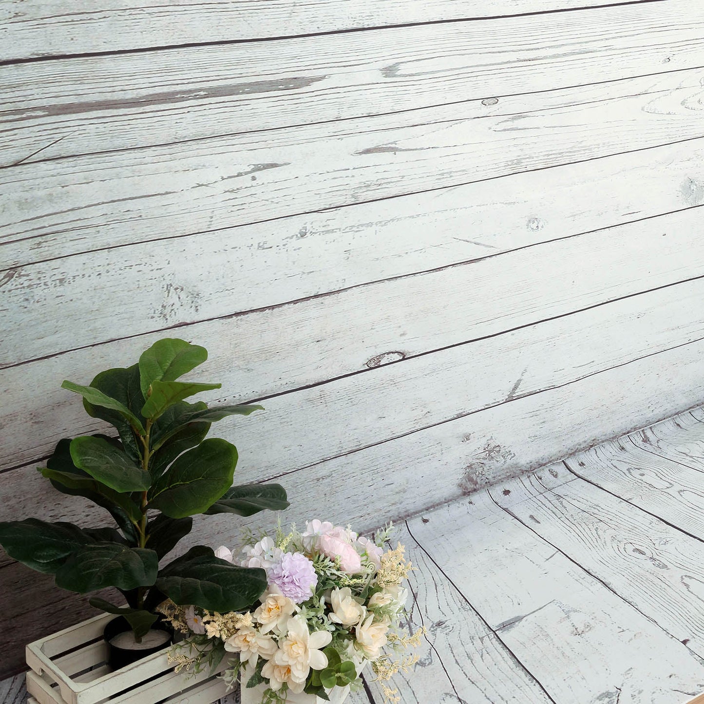 8 ft x 8 ft Vinyl Photography Backdrop With Distressed White And Gray Wood Panels