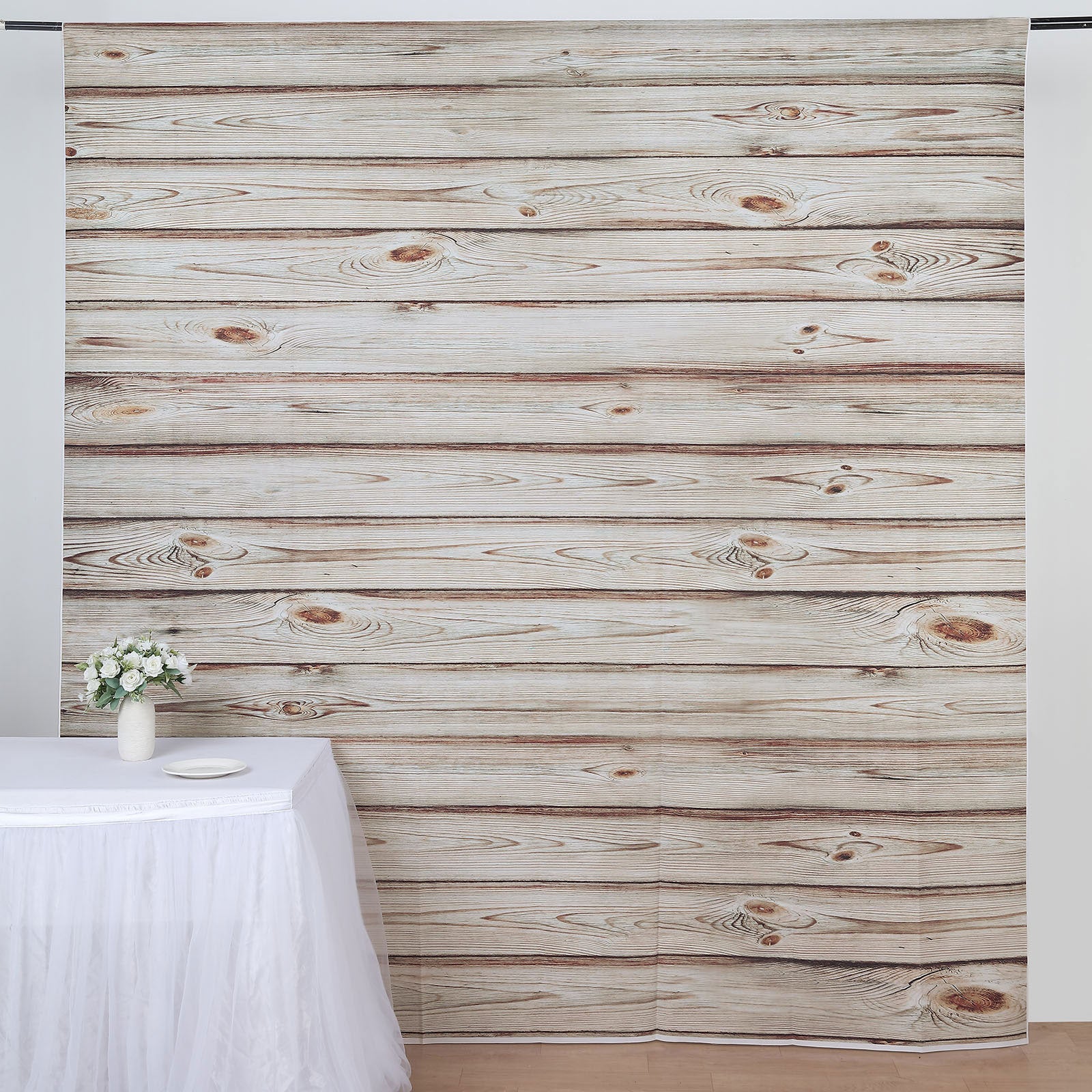 Rustic white washed wood panel photography backdrop for events.