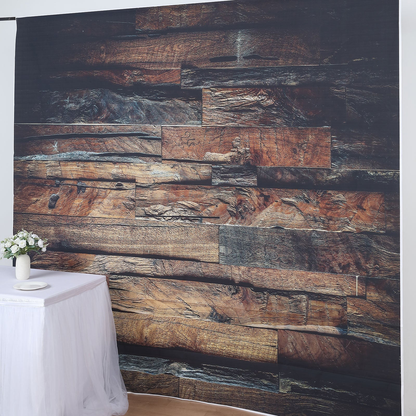 Dark brown 3D wood panel vinyl photography backdrop for photo booths.