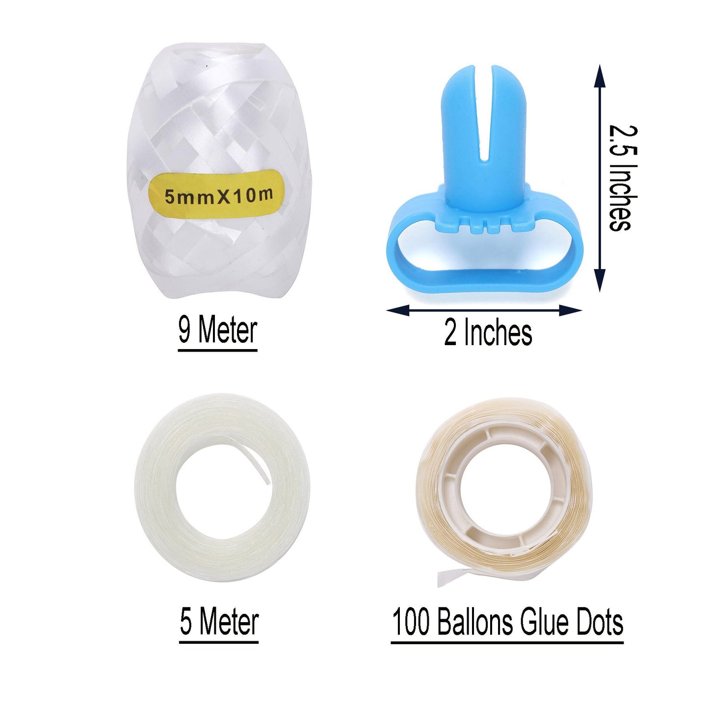 Clear balloon arch kit components including decorating strips, tie tool, glue dots, and ribbon.
