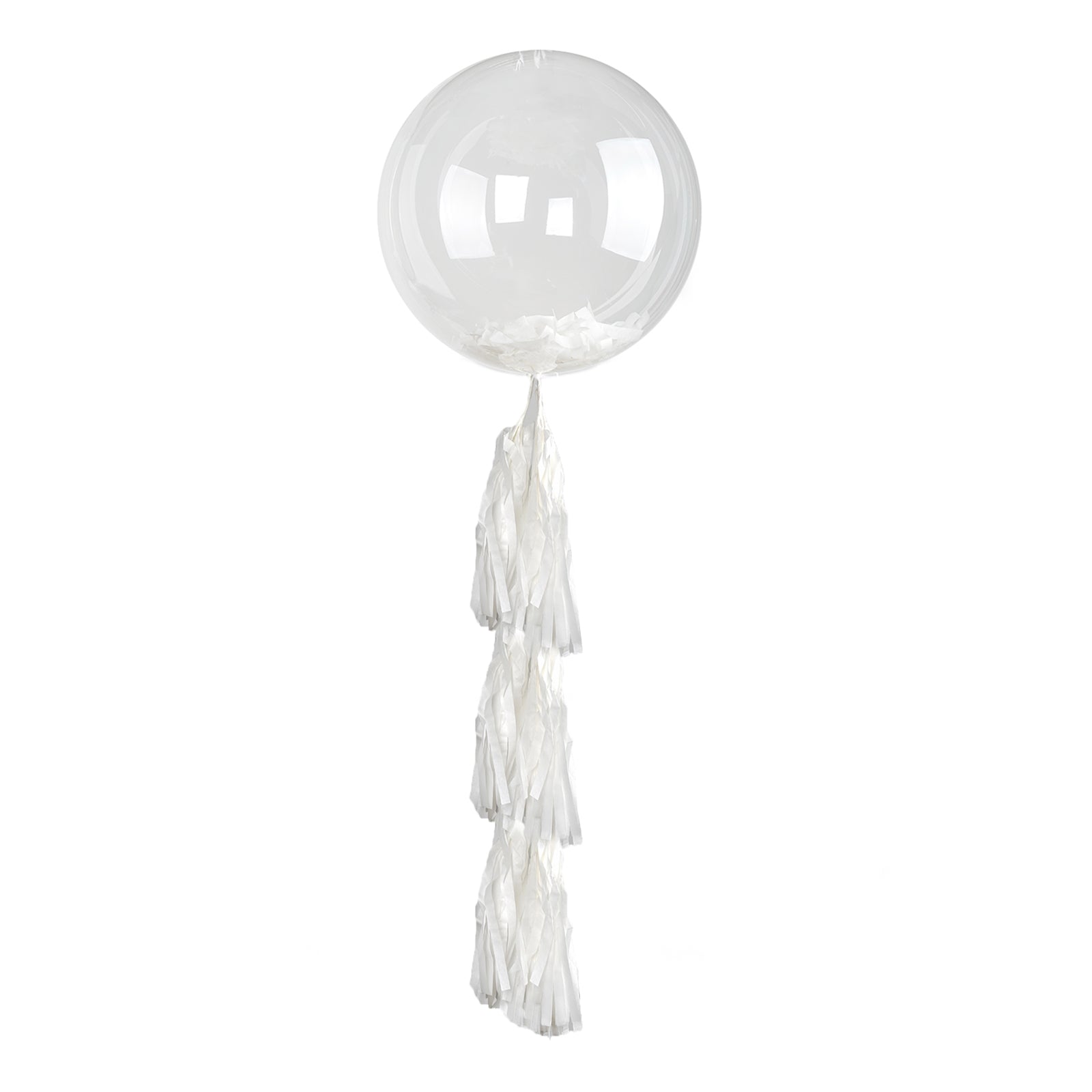 Clear transparent PVC bubble balloon with white tassels.