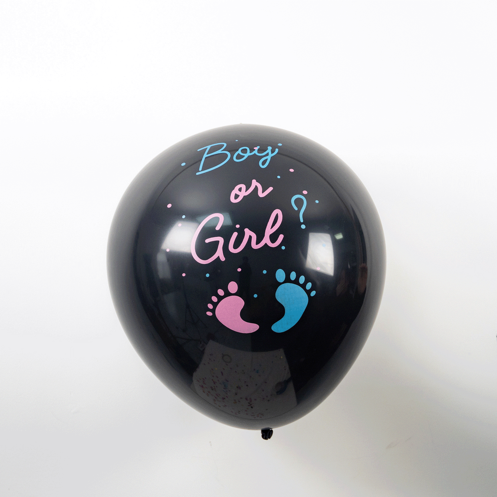 Blue and pink gender reveal balloon with "Boy or Girl?" text.