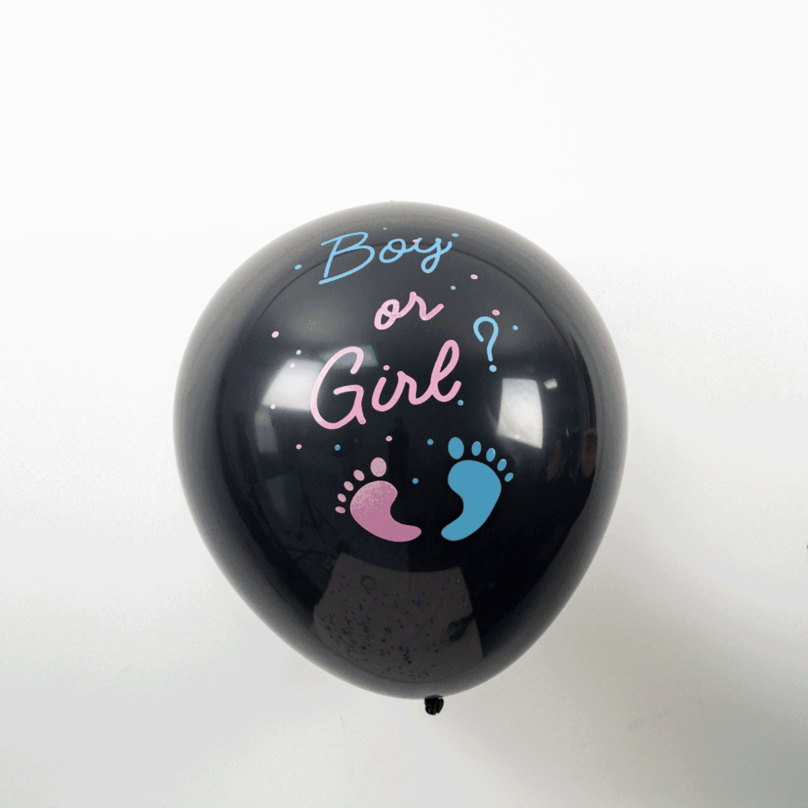 Black balloon with pink and blue "Boy or Girl?" print.