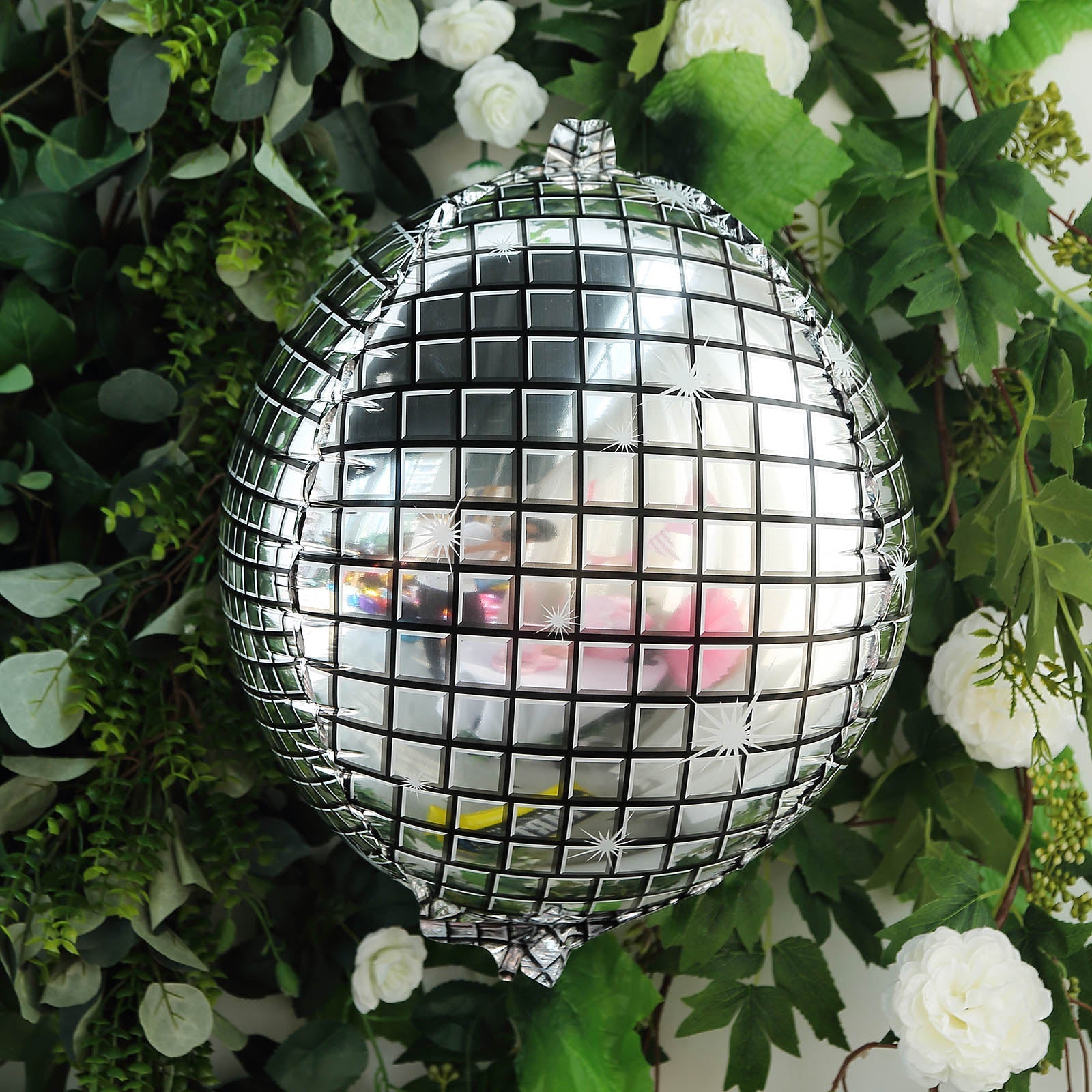 15" Mirrored Silver Disco Ball Mylar Balloon for celebrations and parties.