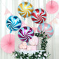 Candy striped swirl print mylar foil balloons in vibrant colors.