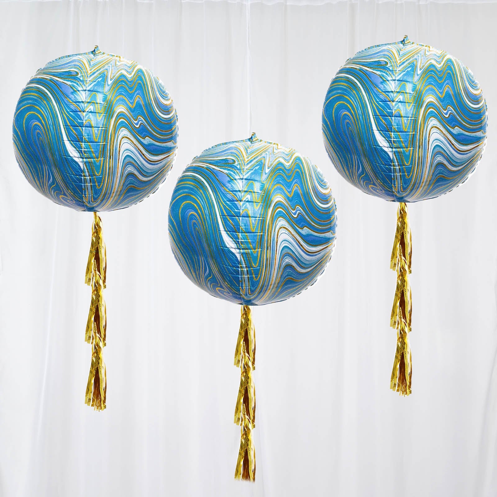13 Inch 4D Blue And Gold Marble Sphere Balloons 3 Pack