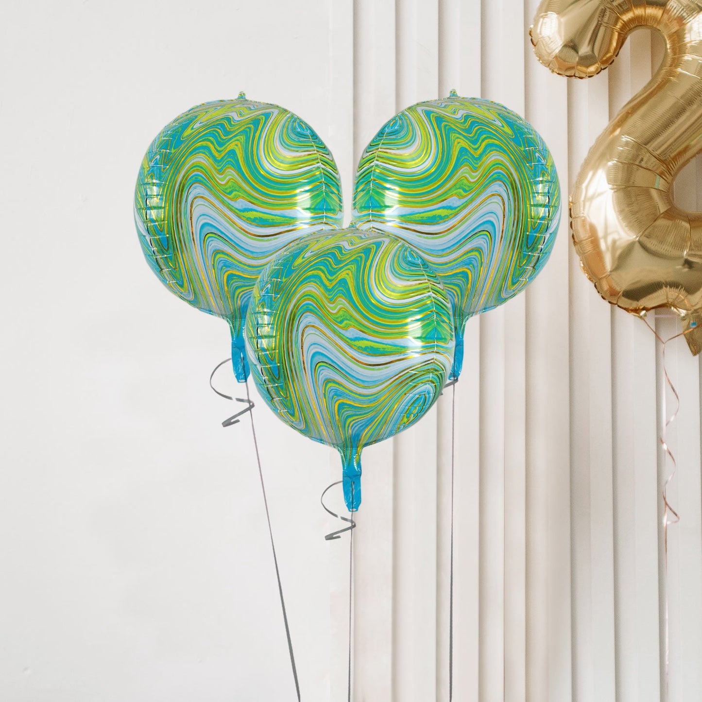 3 Pack | 13" Green Marble Orbz Foil Balloons, 4D Sphere Mylar Balloons