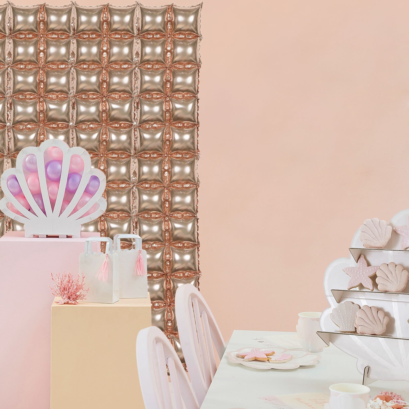 43X11 Inch Size Metallic Blush Rose Gold Foil Balloon Backdrops 10 Pack Double Rows Square Design