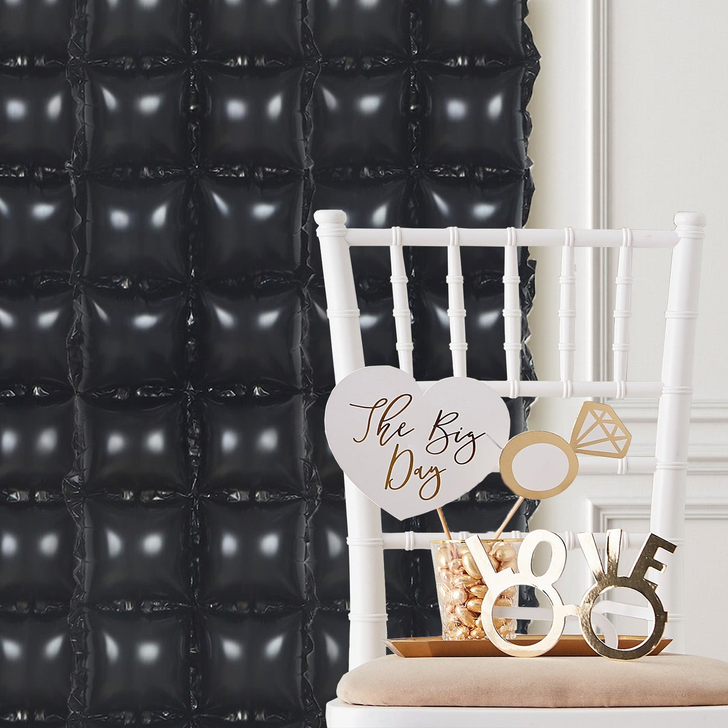 10 Pack | Metallic Black Double Row Mylar Foil Balloon Backdrop, Square Diamond Design Balloon Wall - 43"x11"