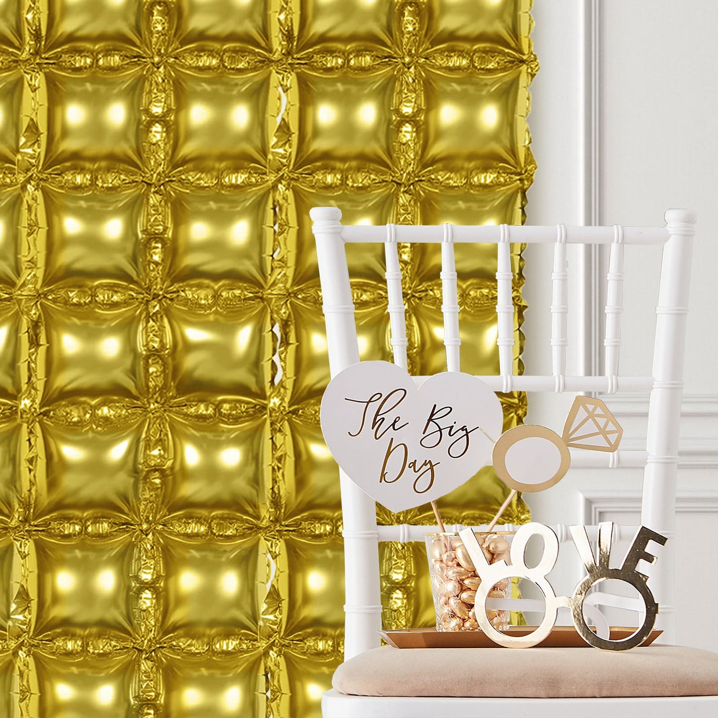 10 Pack | Metallic Gold Double Row Mylar Foil Balloon Backdrop, Square Diamond Design Balloon Wall - 43"x11"