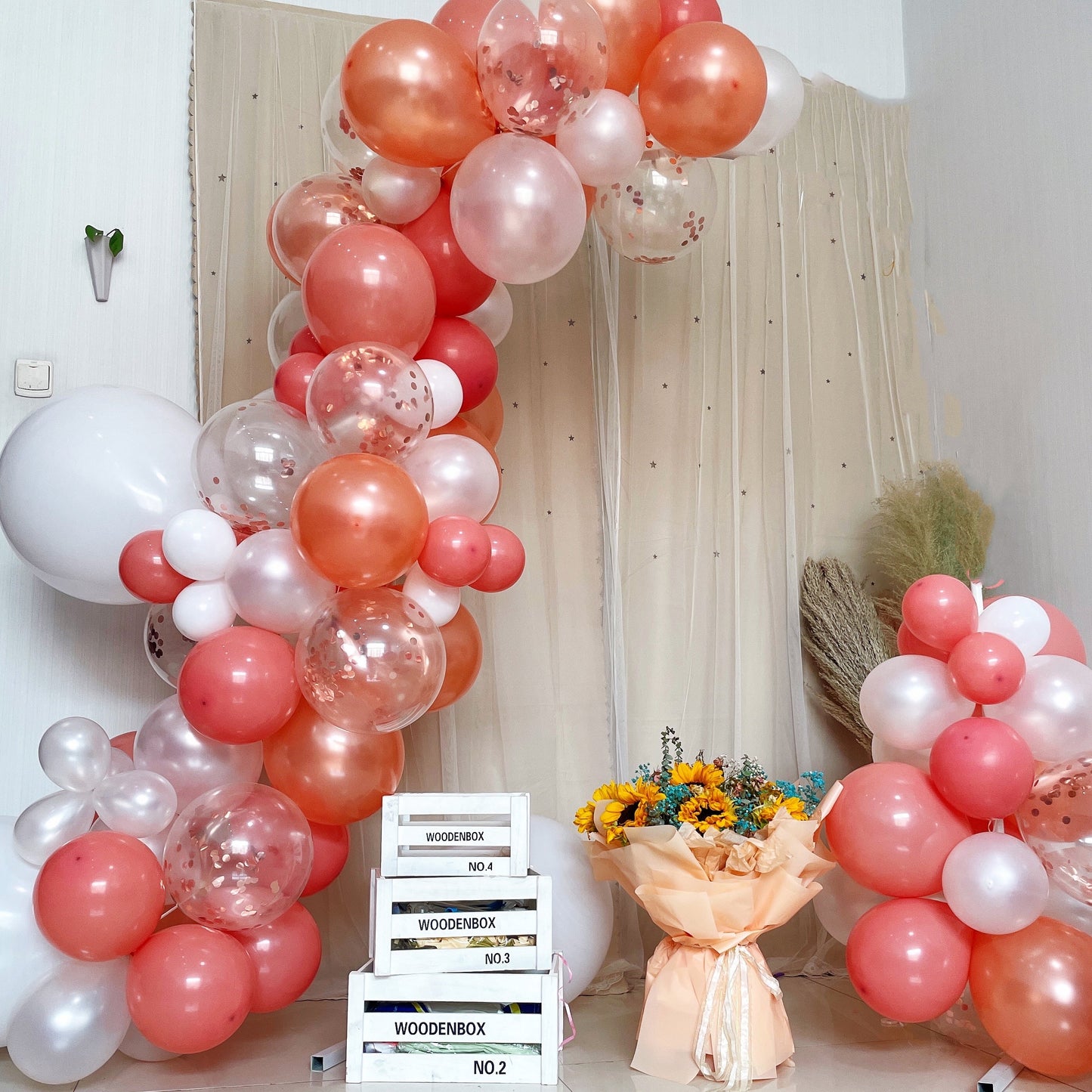 Dusty rose and white balloon garland arch party kit.