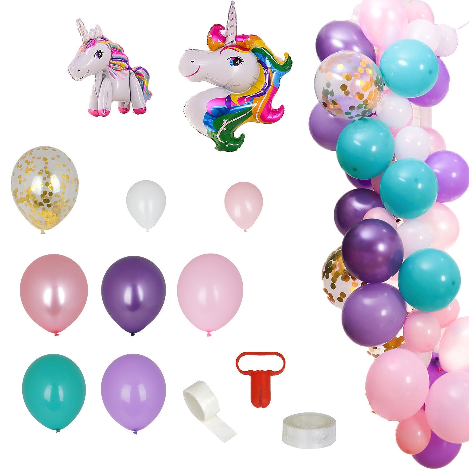 Turquoise, purple, and pink unicorn balloon garland arch kit.