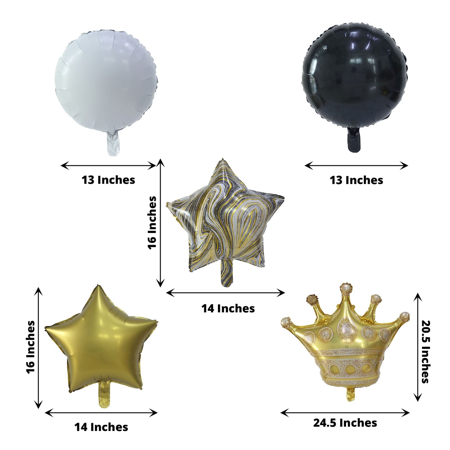 Gold and black marble foil balloon set with star, round, and crown shapes.