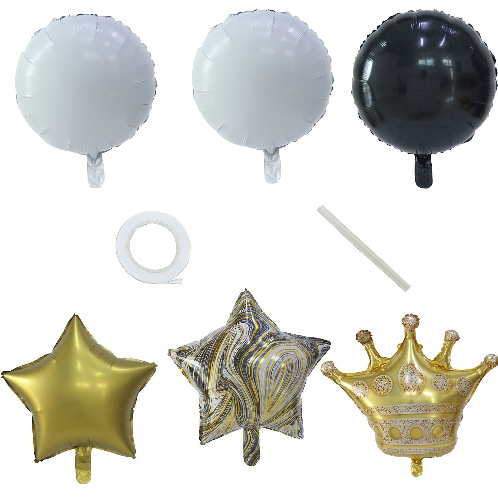 Gold and black marble balloon set for party decorations.