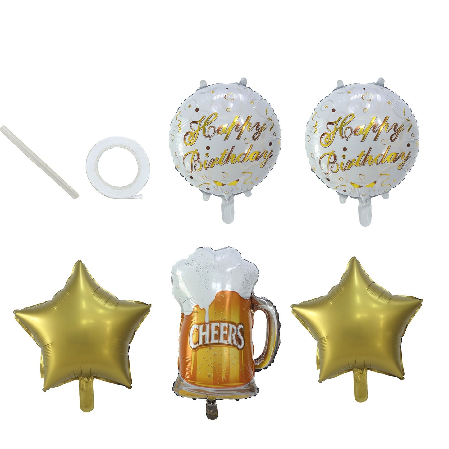 White and gold birthday balloon set with beer mug and star decorations.