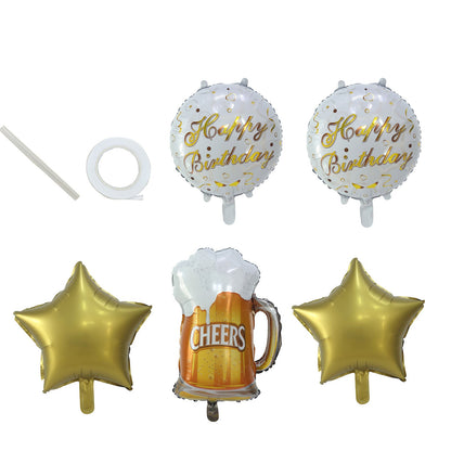 White and gold birthday balloon set with beer mug and star decorations.