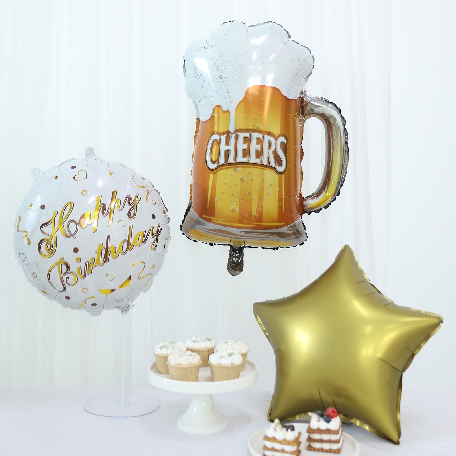 White and gold birthday balloon set with cheers mug and star, perfect for celebrations.