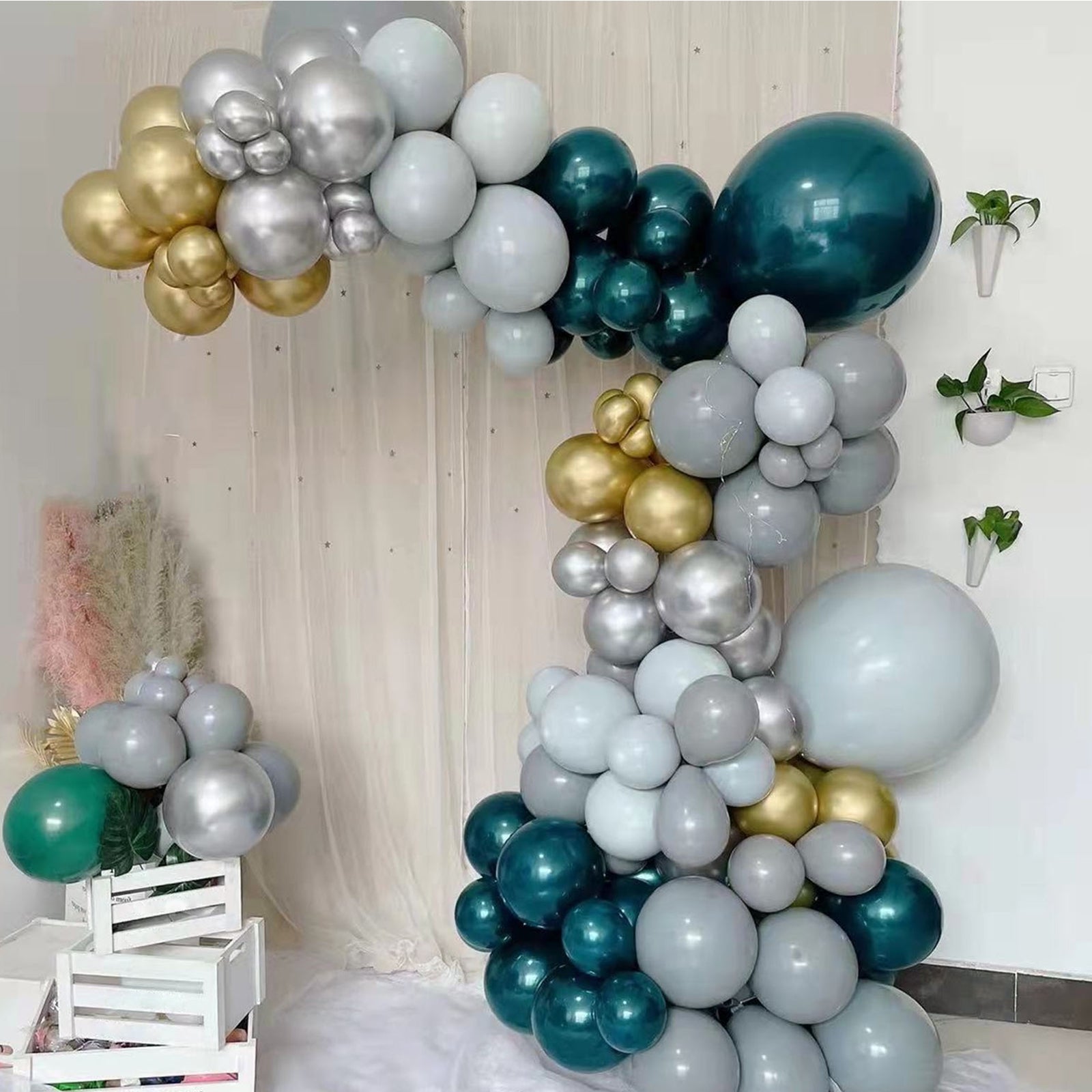 Green, gold, and silver balloon garland arch party kit.