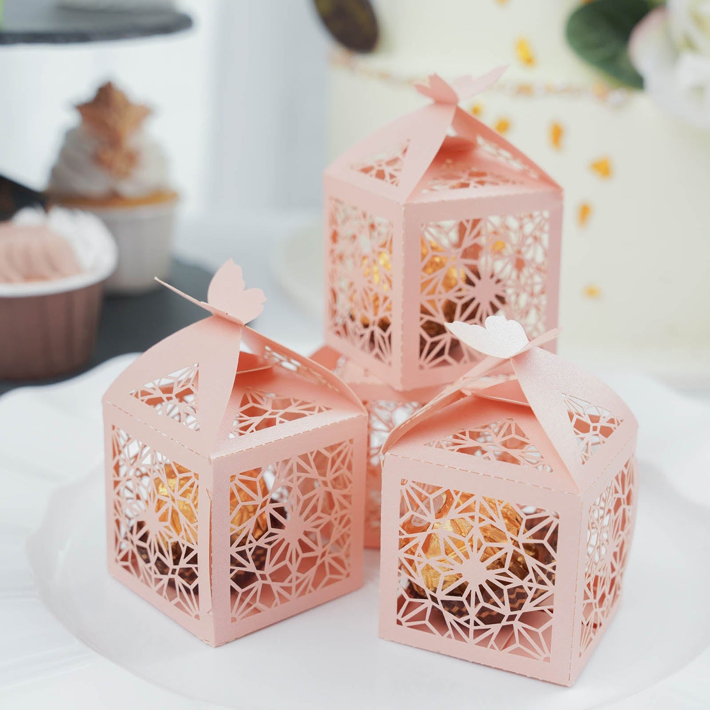 Blush pink butterfly top laser cut favor candy gift box set.