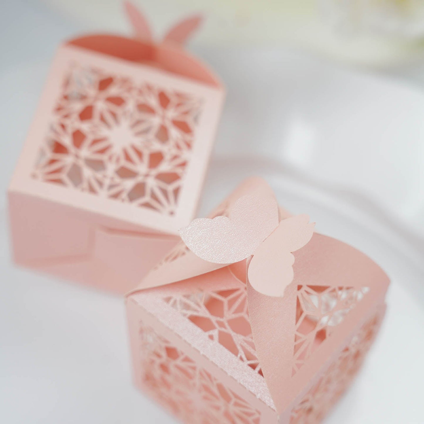 Blush butterfly top laser cut favor candy gift boxes in a pink color.