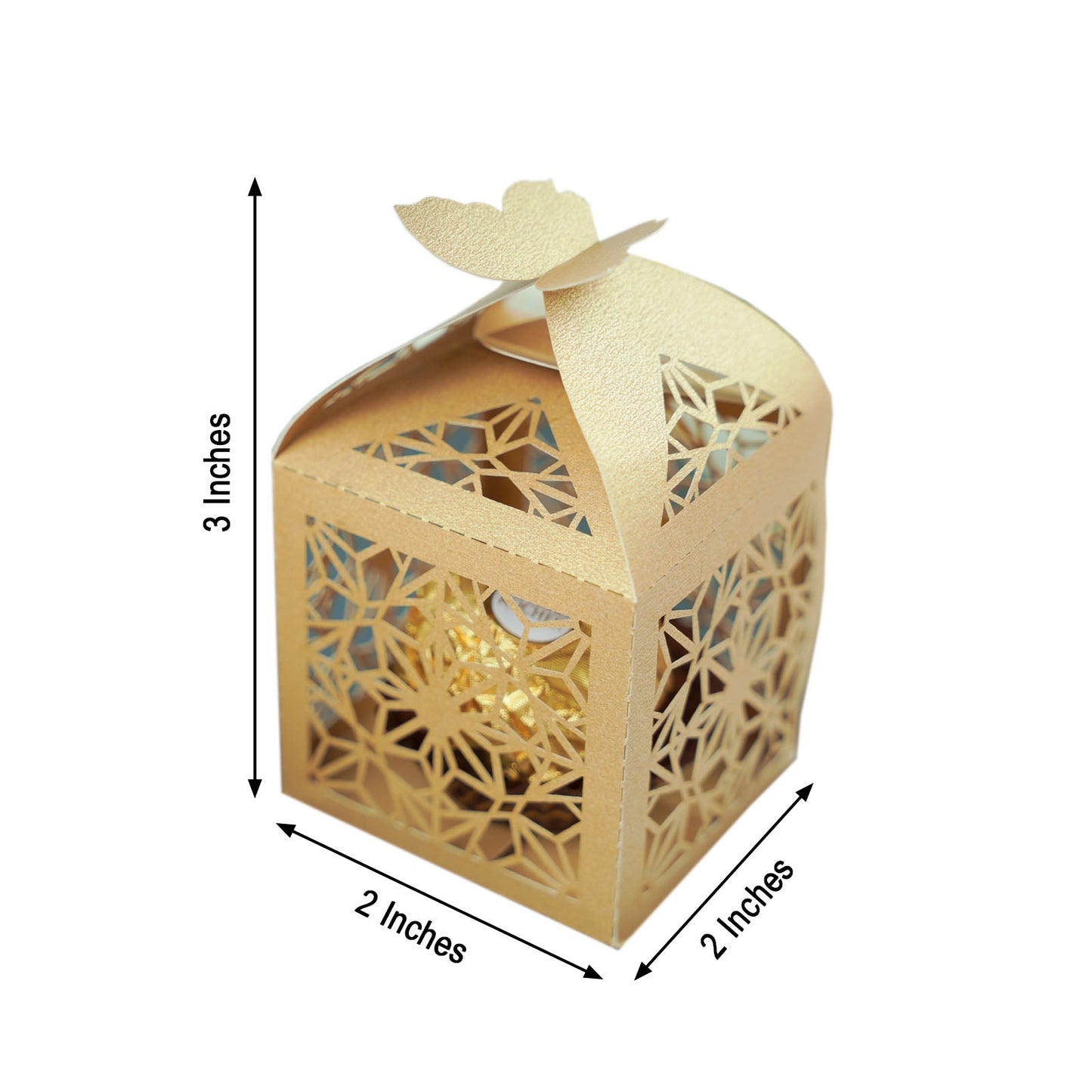 Gold laser cut lace butterfly favor candy gift box, 3x2 inches.